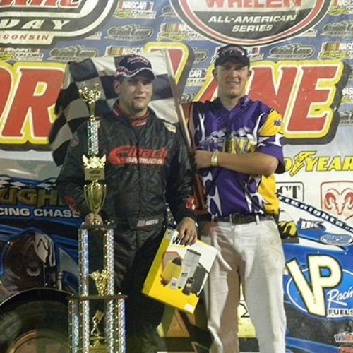 Ryan in USMTS victory lane at the Cedar Lake Speedway in New Richmond, Wis.